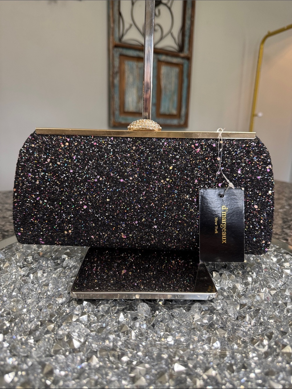 D’margeaux Black Glitter Evening Clutch with Multicolor Sparkle NWT